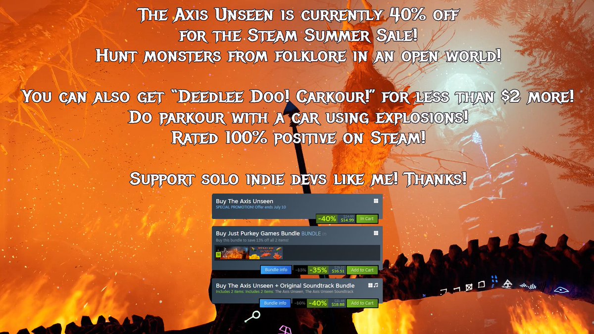 The Axis Unseen is currently 40% off for the Steam Summer Sale🥳

Spread the word and tell your friends!📢

Also drop a review if you get a chance🤘

I'm working on the third game now and the better the last two do, the more likely it is that I can keep doing this. Thanks!