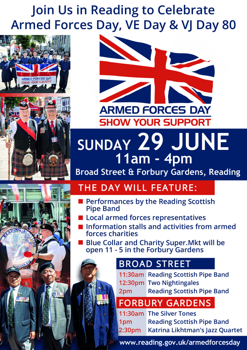Events In Reading (@eventsinreading) on Twitter photo Join us to celebrate Armed Forces Day!
📅Sun 29 June, 11am - 4pm
📍Broad Street & Forbury Gardens
🔷Performances by the Reading Scottish Pipe Band and live music
🔷 Stalls and activities from armed forces charities
🔷 <a href="/bluecollarfood/">BLUE COLLAR 🌮🍔🍹</a> and <a href="/CharityMkt/">Charity Super.Mkt</a> in the Forrbury Gardens Join us to celebrate Armed Forces Day!
📅Sun 29 June, 11am - 4pm
📍Broad Street & Forbury Gardens
🔷Performances by the Reading Scottish Pipe Band and live music
🔷 Stalls and activities from armed forces charities
🔷 <a href="/bluecollarfood/">BLUE COLLAR 🌮🍔🍹</a> and <a href="/CharityMkt/">Charity Super.Mkt</a> in the Forrbury Gardens