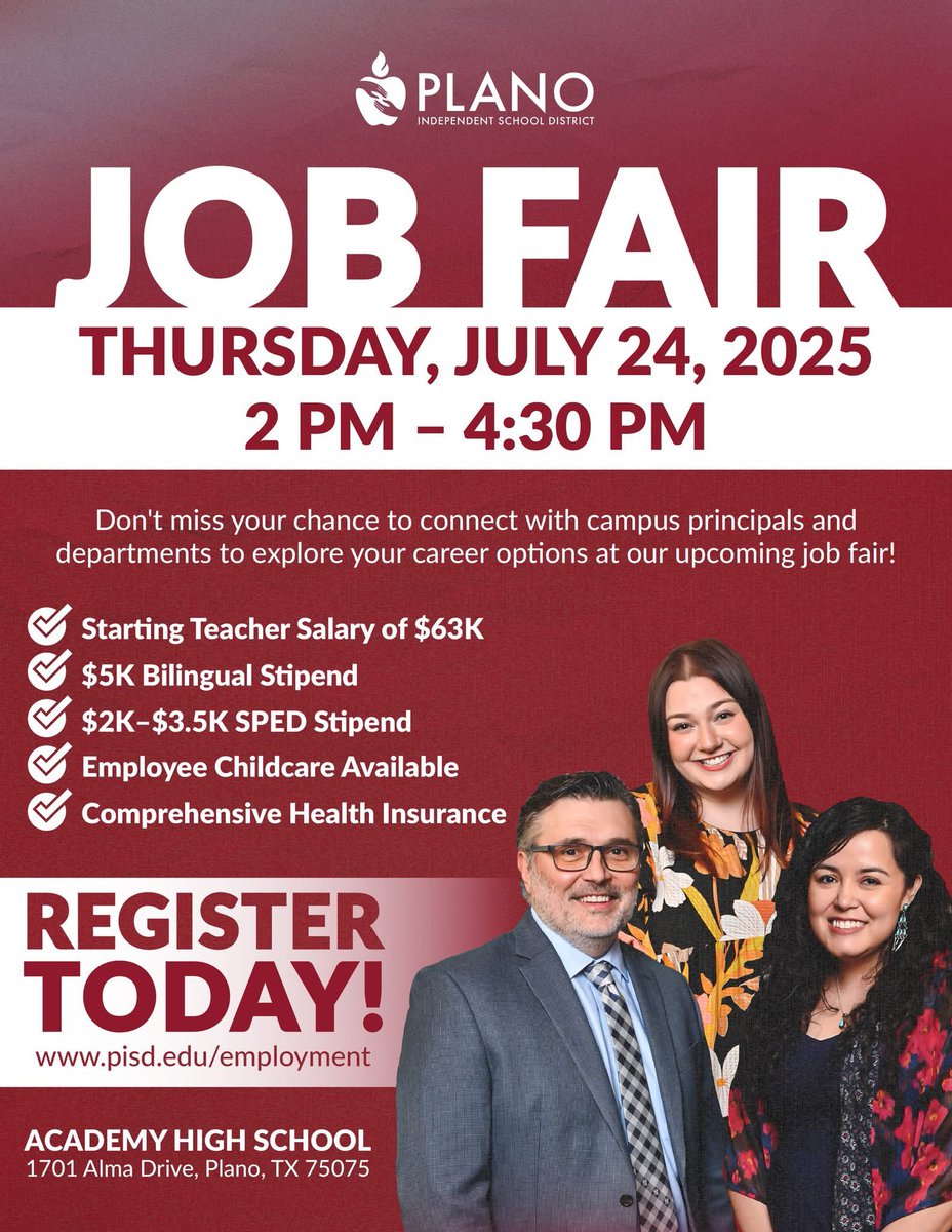 🚨 Calling all educators and support staff! Plano ISD is hosting a Job Fair on Thursday, July 24, 2025, from 2 PM – 4:30 PM at Academy High School!
✔️ Starting teacher salary of $63K
✔️ Bilingual &amp; SPED stipends
✔️ Employee childcare

👉 Register today: pisd.edu/employment