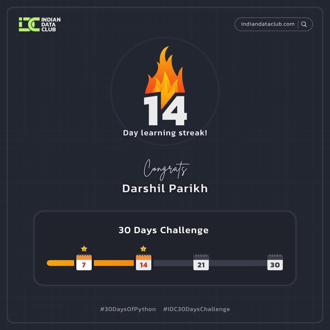 DARSHIL_Analyst's tweet image. 🏅 14-Day Streak – Twitter/X Post
#14DayStreak Unlocked! 🐍
Started this #30DaysPythonChallenge on May 28 with @IndianDataClub.
Fell sick midway, but didn’t give up — came back stronger and kept going.
14 days of Python ✅
Next up: full 30-day badge! 💪
#Python #Consistency