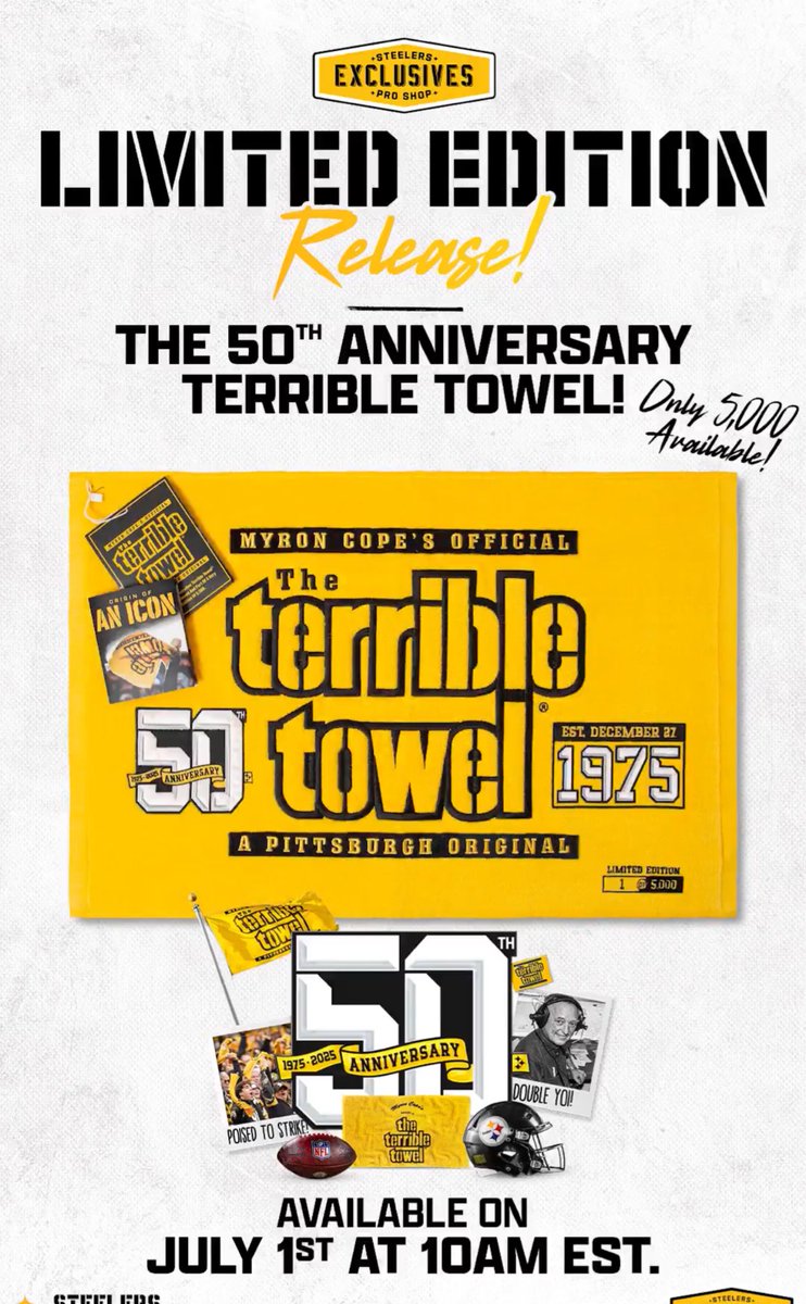 50th Anniversary Terrible Towel drops July 1st…..

Like and RT if we would give one away

🤔🤔🤔🤔

#NFL #Steelers