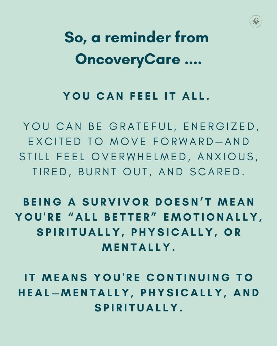 OncoveryCare's tweet image. June is Cancer Survivors’ Month.

You can feel joy and exhaustion, gratitude and grief, peace and fear—all at once.

Healing isn’t linear. Feeling it all is part of being human.

To all survivors: you are not alone.

#CancerSurvivorsMonth #OncoveryCare