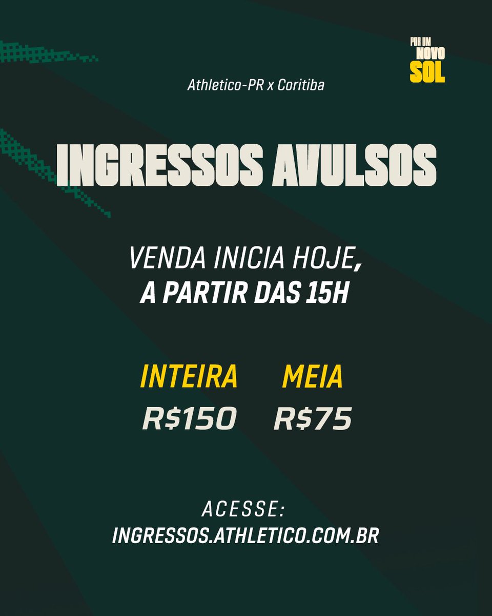 Coritiba's tweet photo. 🎟️ Ingressos para a nossa torcida no clássico!

A venda começa às 15h pelo site https://t.co/O6TXCN84zk

💵 𝗩𝗮𝗹𝗼𝗿𝗲𝘀: R$150 (inteira) / R$75 (meia)
🧑‍💻 𝗖𝗮𝗱𝗮𝘀𝘁𝗿𝗼 𝗳𝗮𝗰𝗶𝗮𝗹 𝗼𝗯𝗿𝗶𝗴𝗮𝘁𝗼́𝗿𝗶𝗼 — o ingresso só fica disponível para download após aprovação do cadastro.

No dia do jogo: 
🚪 𝗔𝗰𝗲𝘀𝘀𝗼 𝗽𝗲𝗹𝗼 𝗣𝗼𝗿𝘁𝗮̃𝗼 𝗠
⏱️ 𝗔𝗯𝗲𝗿𝘁𝘂𝗿𝗮 𝗱𝗼𝘀 𝗽𝗼𝗿𝘁𝗼̃𝗲𝘀: 𝟭𝟲𝗵𝟯𝟬

Garanta o seu e vamos apoiar o Verdão! 🇳🇬

#capxCFC #CoxaNoBrasileiro