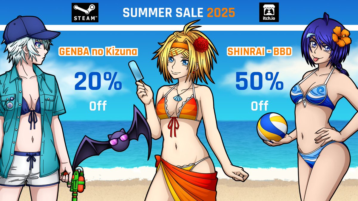 The #SummerSale is here ☀️

Looking for a way to cool off? Why not dive into a chilling #murdermystery #visualnovel?

(The GENBA cast's even suffering from heat as well, so you’ll easily find charas to relate to!)

Steam: store.steampowered.com/developer/gosa…
itch: gosatsuvns.itch.io