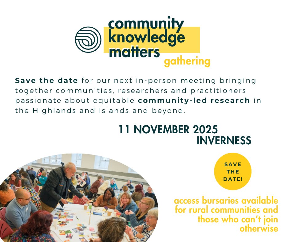 ScienceCeilidh's tweet image. 🎉 Bursaries are open for our 2025 Gathering in Inverness on Tue 11 Nov!
Join us for a day of connection & community-led research
Bursaries (thanks to @TheIdeasFund) cover travel, accommodation & access costs for community members
Apply by 30 June, 6pm
communityknowledgematters.com/gathering-burs…