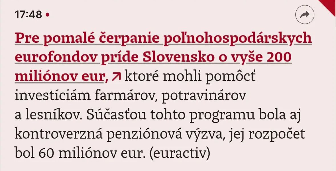 Bravo, Slovensko! 👏

Díky neuvěřitelně “efektivní” byrokracii přicházíte o víc než 200 milionů eur z evropských zemědělských fondů. Protože proč byste měli podporovat farmáře, potravináře nebo lesníky, když ty peníze můžete prostě nevyčerpat?

A aby toho nebylo málo – součástí