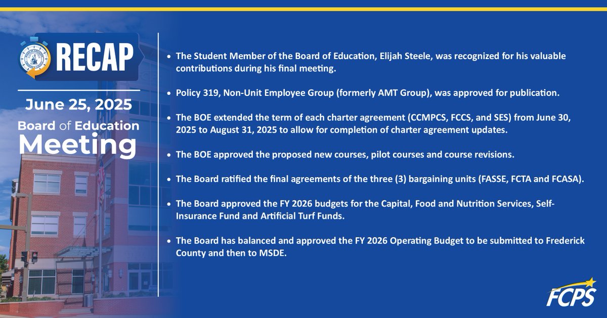 Didn’t get a chance to watch last night's Board of Education Meeting? Here’s a quick recap of some key items. ⬇️⬇️⬇️

All this and more can be viewed on a playlist of Board Meetings at FCPS TV: fcps.org/public-affairs…
