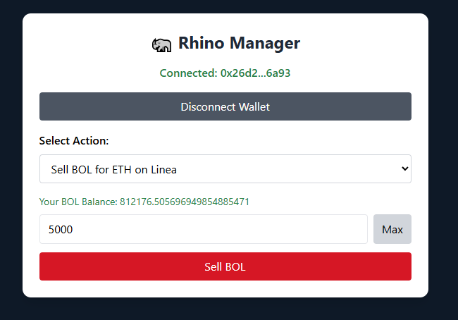 🔥 Selling $BOL just got a whole lot easier! 🦏

The Sell Button is now live on the Bank of Linea dApp:
bankoflinea.build/app

No DEX. No hassle.
Just one click, smooth, simple, and seamless.

We're all about making things easy for our holders.

PLUS:
Bank of Linea is now fully