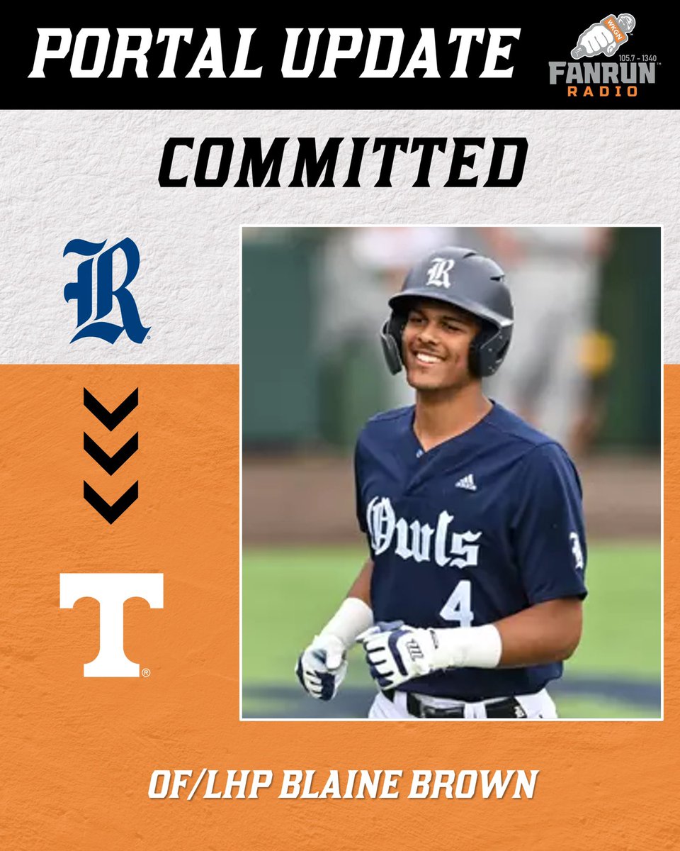 BREAKING🚨: Rice 2-way (OF/LHP) Blaine Brown has committed to Tennessee!

Brown was named First-Team All-AAC as a DH this season as a rookie. 

Vitello adds his EIGTH portal player. 🔥

#ForTheFans