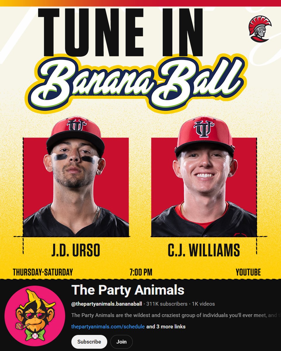 Tampa Baseball (@utampabaseball) on Twitter photo JD Urso and CJ Williams will make their debuts in <a href="/TheSavBananas/">Savannah Bananas</a> organization as they face The Party Animals Thursday-Saturday in Louisville. Watch live through Party Animals YouTube.
@TampaSpartans #TampaBaseball⚾️ #StandAsOne🛡️ JD Urso and CJ Williams will make their debuts in <a href="/TheSavBananas/">Savannah Bananas</a> organization as they face The Party Animals Thursday-Saturday in Louisville. Watch live through Party Animals YouTube.
@TampaSpartans #TampaBaseball⚾️ #StandAsOne🛡️