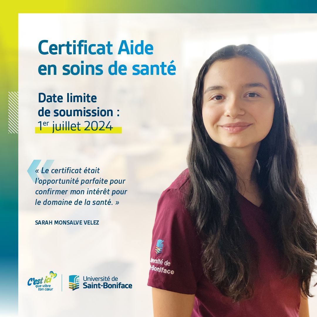 La date limite pour l'admission au certificat Aide en soins de santé approche!
• programme de 5 mois 
• stage clinique de 6 semaines
• encadré par des professionnels expérimentés
• labos dernier cri

👉ustboniface.ca/soins-de-sante

#CestIciQueVibreTonCoeur