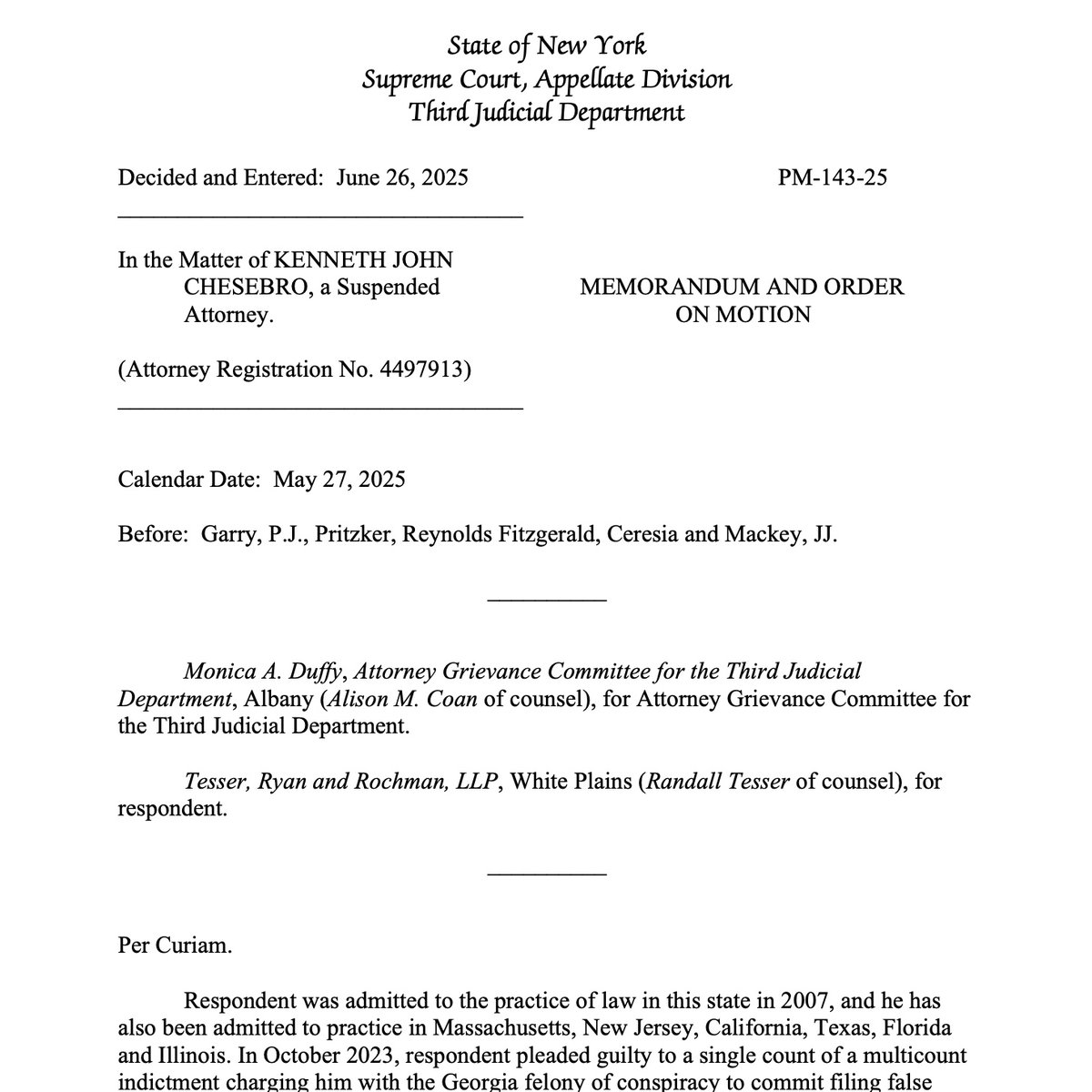 AnnaBower's tweet photo. NEW: Kenneth Chesebro, "architect" of the 2020 fake electors plot who pleaded to criminal charges in Georgia, has been disbarred from the practice of law in New York, per order issued today by New York appellate court. https://t.co/24leAvhVqP