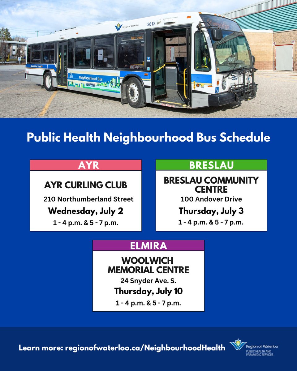 Region of Waterloo Public Health (@rowpublichealth) on Twitter photo The Public Health neighbourhood bus makes it easier to get vaccines close to home.
Here are the upcoming dates and locations for <a href="/northdumfries/">Township of North Dumfries</a> and @woolwichupdates.
You can find additional dates across Waterloo Region at: regionofwaterloo.ca/neighbourhoodh… The Public Health neighbourhood bus makes it easier to get vaccines close to home.
Here are the upcoming dates and locations for <a href="/northdumfries/">Township of North Dumfries</a> and @woolwichupdates.
You can find additional dates across Waterloo Region at: regionofwaterloo.ca/neighbourhoodh…