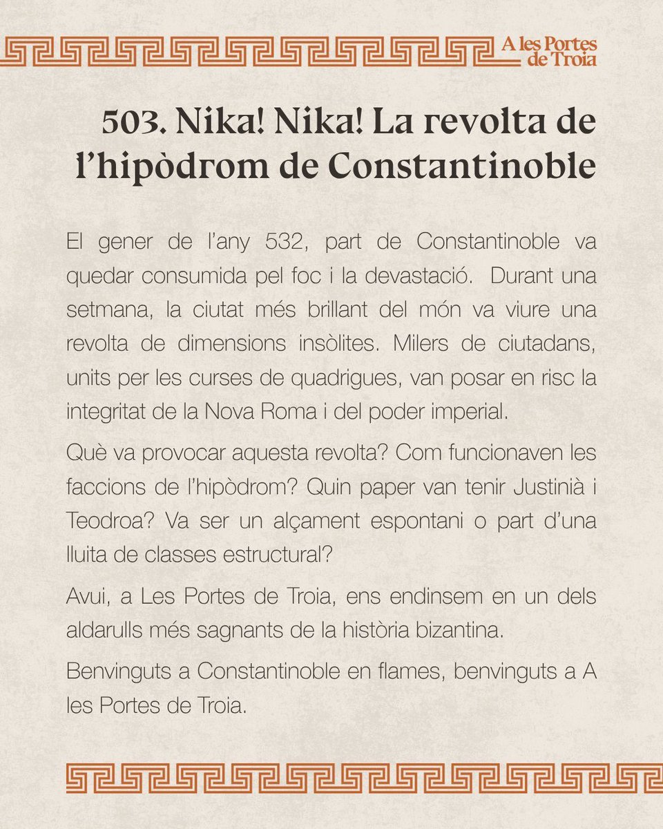 Formar part d'una facció de l'hipòdrom de Constantinoble era molt més que una opció esportiva: implicava política, religió i classe social
Els verds i els blaus s'enfrontaven fins que una proclama les va unir: NIKA!
🎧
🔸go.ivoox.com/rf/150786349
🔹open.spotify.com/episode/6p7I3L… 
<a href="/lactual/">L'Actual</a>