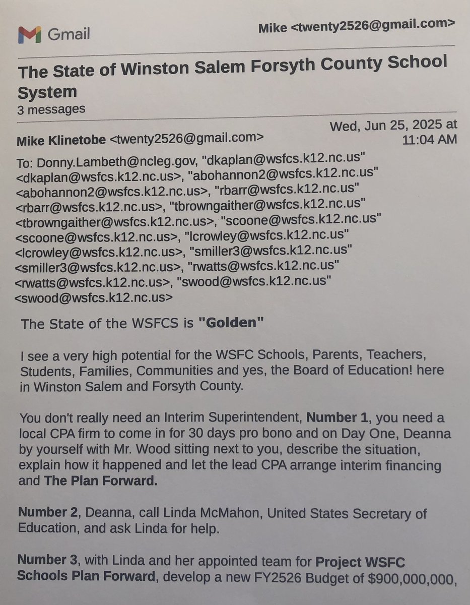 twenty2526's tweet photo. @EDSecMcMahon @WakeTechPrez @EDSecMcMahon Please contact the Winston Salem Forsyth County School Board or me Mike Klinetobe 252.366.6775 twenty2526@gmail.com We have an emergency financial situation and we are asking for your help, please. Read my notes from Board Meeting Tuesday.  Thank you. https://t.co/7DkPUNNcYU
