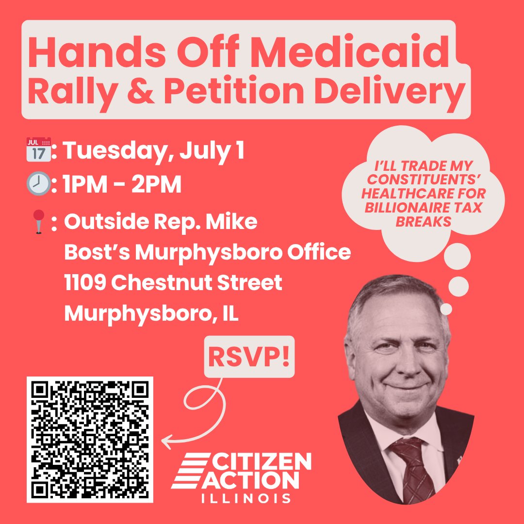 CitizenActionIL's tweet image. Hundreds of Rep. Mike Bost&apos;s constituents have signed petitions calling on him to protect Medicaid and SNAP. 

JOIN US as we hand-deliver these petitions to Congressman Bost&apos;s Murphysboro office on Tuesday, July 1 📣 &amp;gt;&amp;gt; mobilize.us/citizenactioni…