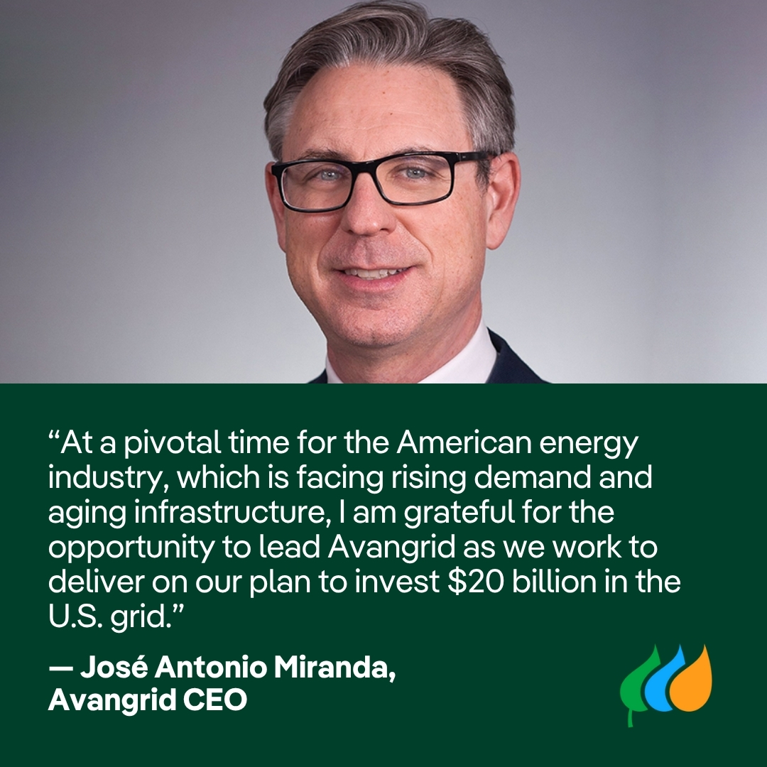 Avangrid's tweet image. We're excited to welcome José Antonio Miranda into his new role as Avangrid CEO!
Learn more about José Antonio and our leadership team: ow.ly/9Jk250WgZFf