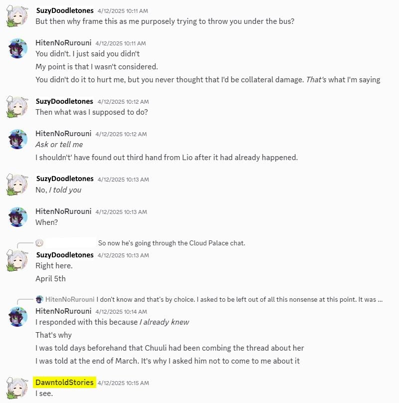 poppyydu's tweet photo. alright, gonna go ahead and out suzy doodletones' alt accounts that she went to after she left her channel last year. her twitter is @DawntoldStories and her discord account is dawntoldstories. i found this out when she sent dms between her and hiten and forgot to censor it https://t.co/NnGpwnBs33