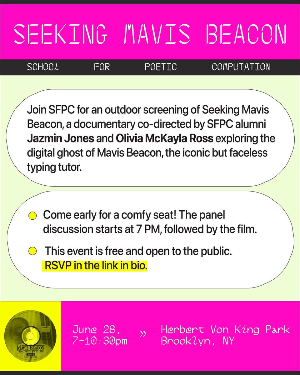 Field of Vision (@fieldofvision) on Twitter photo Seeking Mavis Beacon is screening for FREE in New York this Saturday!
<a href="/sfpc/">School For Poetic Computation</a> is partnering with <a href="/AlfredasCinema/">Alfreda's Cinema</a> x Field Meridians to host a free outdoor screening of the film from 7-10:30pm, preceded by a Q&A with the filmmakers.
RSVP now at: 🔗 withfriends.co/event/23484503…. Seeking Mavis Beacon is screening for FREE in New York this Saturday!
<a href="/sfpc/">School For Poetic Computation</a> is partnering with <a href="/AlfredasCinema/">Alfreda's Cinema</a> x Field Meridians to host a free outdoor screening of the film from 7-10:30pm, preceded by a Q&A with the filmmakers.
RSVP now at: 🔗 withfriends.co/event/23484503….