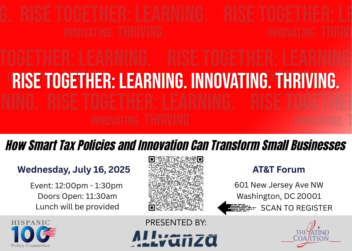 ALLvanza (@allvanza) on Twitter photo Join <a href="/allvanza/">ALLvanza</a> <a href="/Hispanic100Org/">Hispanic 100</a> <a href="/LatinoCoalition/">The Latino Coalition</a> on July 16th for a conversation on How Smart Tax Policies and Innovation Can Transform Small Businesses
RSVP: eventbrite.com/e/how-smart-ta… Join <a href="/allvanza/">ALLvanza</a> <a href="/Hispanic100Org/">Hispanic 100</a> <a href="/LatinoCoalition/">The Latino Coalition</a> on July 16th for a conversation on How Smart Tax Policies and Innovation Can Transform Small Businesses
RSVP: eventbrite.com/e/how-smart-ta…