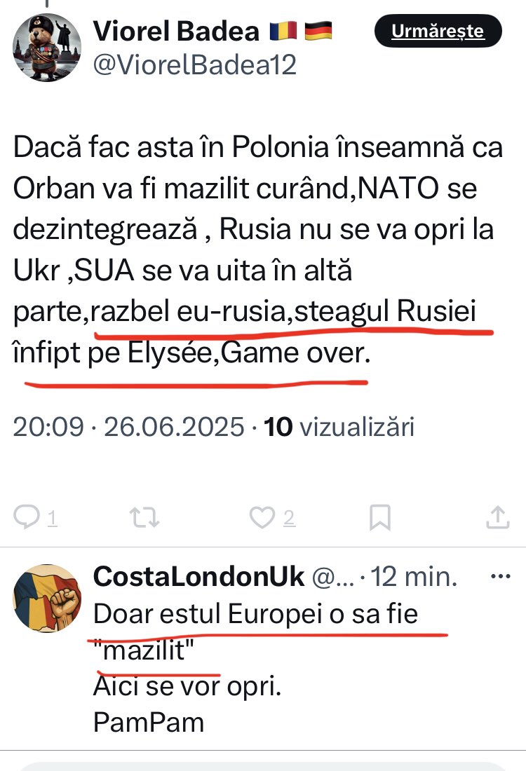 S.P. 🇷🇴 (@petrescusandu) on Twitter photo Patrioatele astea cu fundițe in culorile 🇷🇺, <a href="/ViorelBadea12/">Viorel Badea 🇹🇩🇩🇪</a> & <a href="/CostaLondonUk/">CostaLondonUk</a> , ambele slugărind Oculta prin Occidentul satanist, se excită una pe cealaltă, șoptindu-și fanteziile despre cum hoarda tătucului lor le va face fericite. Patrioatele astea cu fundițe in culorile 🇷🇺, <a href="/ViorelBadea12/">Viorel Badea 🇹🇩🇩🇪</a> & <a href="/CostaLondonUk/">CostaLondonUk</a> , ambele slugărind Oculta prin Occidentul satanist, se excită una pe cealaltă, șoptindu-și fanteziile despre cum hoarda tătucului lor le va face fericite.