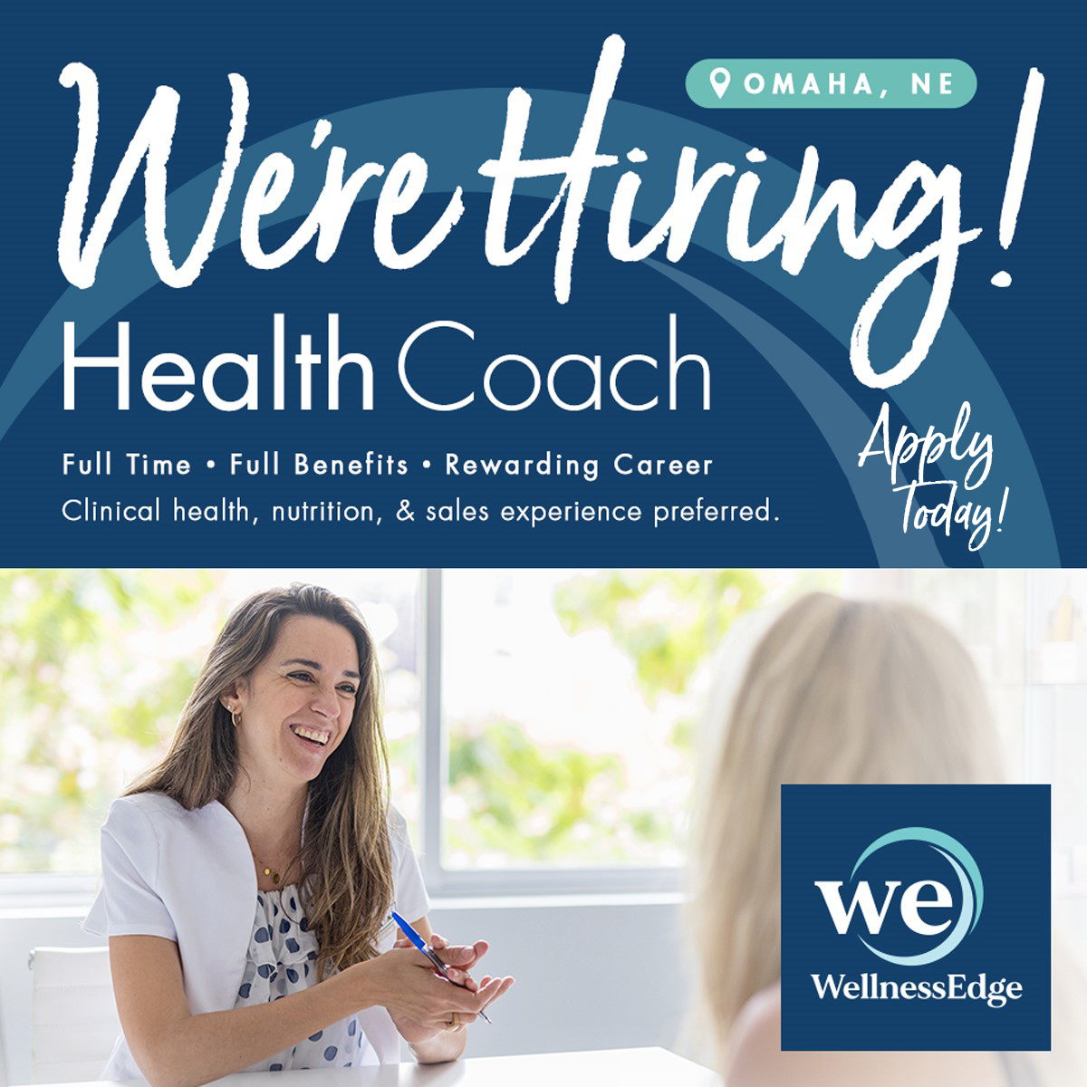 WellnessEdgeOMA's tweet photo. #WereHiring in #Omaha! Wellness Edge is looking for a Health Coach! Full Time, Full Benefits, and Rewarding Career! Clinical health, nutrition, and sales experience preferred. Apply Today! https://t.co/FREnb5BvFV

#omahane #omahanebraska #nebraska #nebraskajobs #omahajobs #hiring https://t.co/yClhgM979s