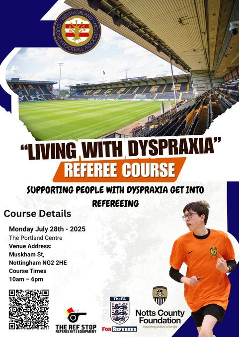 FARefereeing's tweet image. 𝘿𝙔𝙎𝙋𝙍𝘼𝙓𝙄𝘼 𝙍𝙀𝙁𝙀𝙍𝙀𝙀 𝘾𝙊𝙐𝙍𝙎𝙀 

Our friends at @WestmorlandFA are delivering their Living with Dyspraxia Referee Course in July! 🙌

This session is all about providing support to people with dyspraxia who want to pick up the whistle. ⚽

buff.ly/L3KGb9C