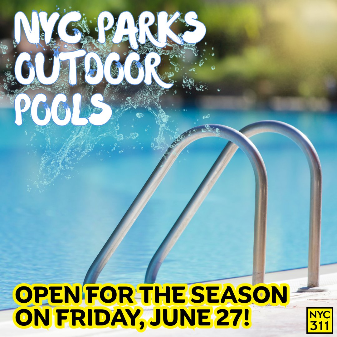 🌞 😎 🏊The wait is over! It's time to splash your way into some summer fun!🏊‍♀️ 😎 🌞

Outdoor public swimming pools re-open tomorrow, June 27th!

Find details on rules and locations at on.nyc.gov/PublicPools.