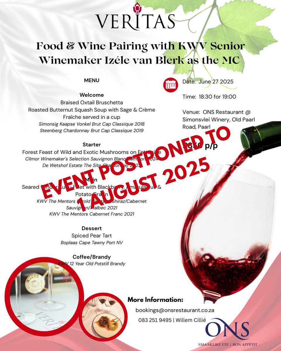 Veritas Awards (@veritasawards) on Twitter photo EVENT POSTPONED - VERITAS FOOD & WINE PAIRING WITH KWV SENIOR WINEMAKER <a href="/Izelevb/">Izele van Blerk</a> VAN BLERK AS MC
Date: Friday, 1 August 2025
Where: ONS Restaurant
Time: 18:30 for 19:00
Cost: R850 p/p
Bookings: Willem Cillié bookings@onsrestaurant.co.za / 0832519495 EVENT POSTPONED - VERITAS FOOD & WINE PAIRING WITH KWV SENIOR WINEMAKER <a href="/Izelevb/">Izele van Blerk</a> VAN BLERK AS MC
Date: Friday, 1 August 2025
Where: ONS Restaurant
Time: 18:30 for 19:00
Cost: R850 p/p
Bookings: Willem Cillié bookings@onsrestaurant.co.za / 0832519495