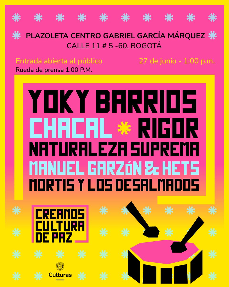 ¡Este viernes 27 de junio suena la paz desde el corazón de Bogotá!
Nos unimos a la campaña #CreamosCulturaDePaz, que nace de las organizaciones y los colectivos del país ✊🏽✨.  
No te pierdas el gran concierto en la plazoleta del Centro Cultural Gabriel García Márquez.

En