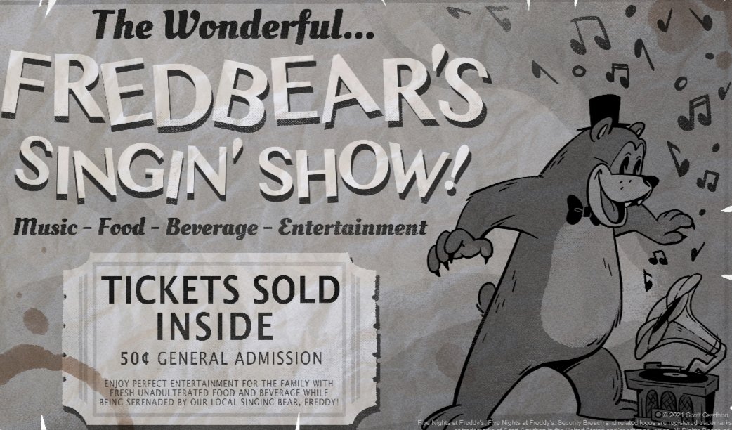 Ooobieee's tweet image. Do we know which restaurant came first?
Like I want to say Fredbear's does because of the older style of the poster but idk if it the dates were specified