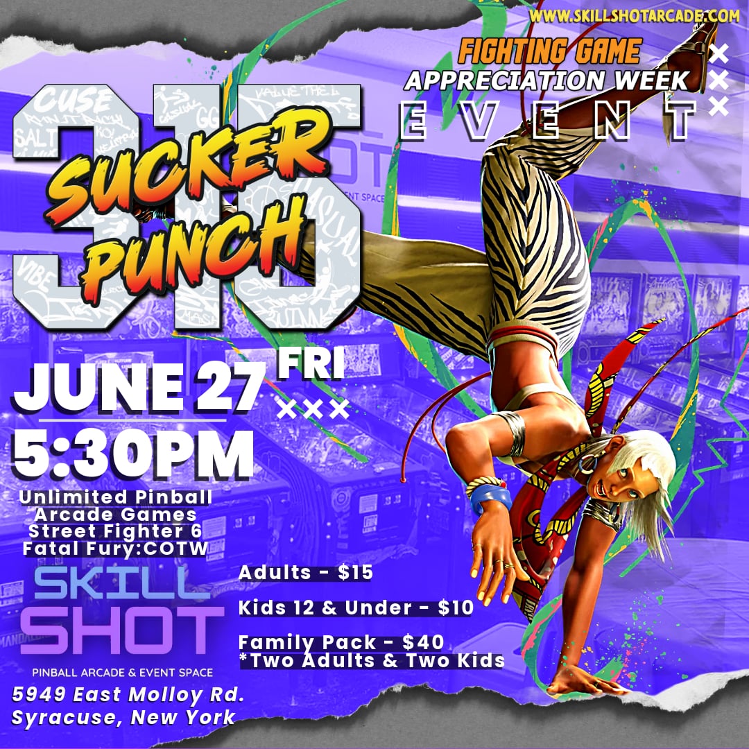 🎮🔥 
The #FightingGameAppreciationWeek Finale will be at Skillshot Pinball Arcade 5:30pm TOMORROW!
💥 Unlimited Play Pinball
💥 $5 Off Admission when you say the secret password: "Terry Bogard"
💥 Celebrate fighting games &amp; classic #pinball! 
#SyracuseNY #SF6 #Elena #cny #FGC