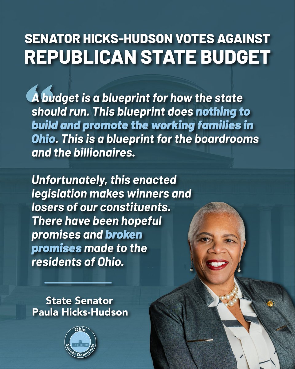 SenHicksHudson's tweet image. While there are some positive funding items in this budget, I voted "no" because it does not support the vast majority of Ohioans. At every step, the voices of the masses and due process were ignored. This budget represents the interests of the few at the expense of the many.