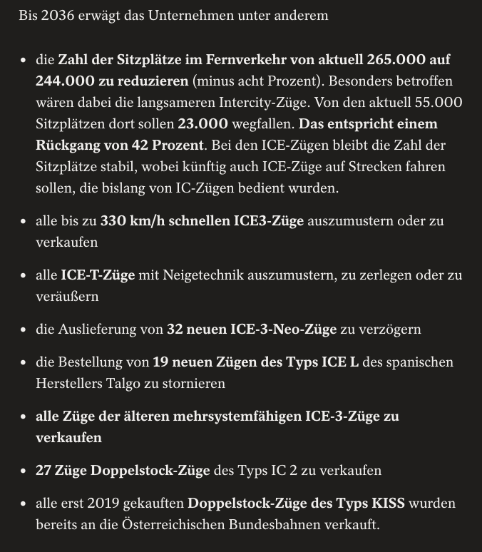 In other news: Kaum ist die neue Regierung im Amt schreddert die Bahn ihren Fernverkehr: Sitzplätze im IC sollen halbiert werden, ICEs verscherbelt werden. Mehr Fahrgäste auf der Schiene wird man so nicht erreichen. Danke Schwarzrot für nichts. spiegel.de/wirtschaft/unt… #bahn