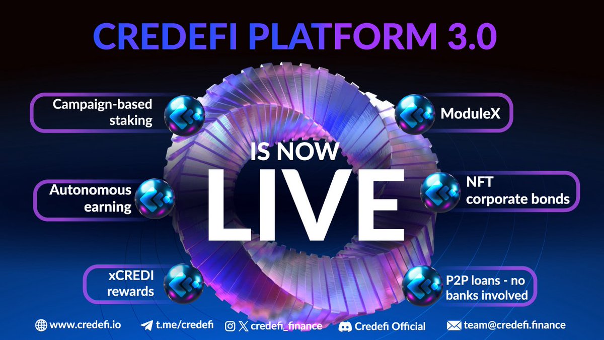 🚀 Credefi 3.0 Is Officially LIVE! 🚀
The next era of decentralized finance starts NOW.

After months of development, testing, and anticipation — Credefi 3.0 is here with every core feature fully activated. The platform is live. The ecosystem is evolving. And you’re at the center