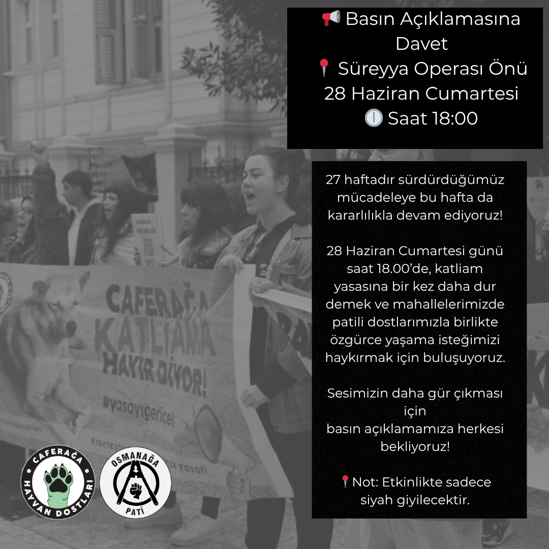 27 haftadır süren mücadelemize bu hafta da aynı kararlılıkla devam ediyoruz.

28/06 Cumartesi 18.00’de, katliam yasasına dur demek ve patili dostlarımızla özgürce yaşama isteğimizi haykırmak için buluşuyoruz.

Sesimizin daha gür çıkması için
basın açıklamamıza herkesi bekliyoruz!