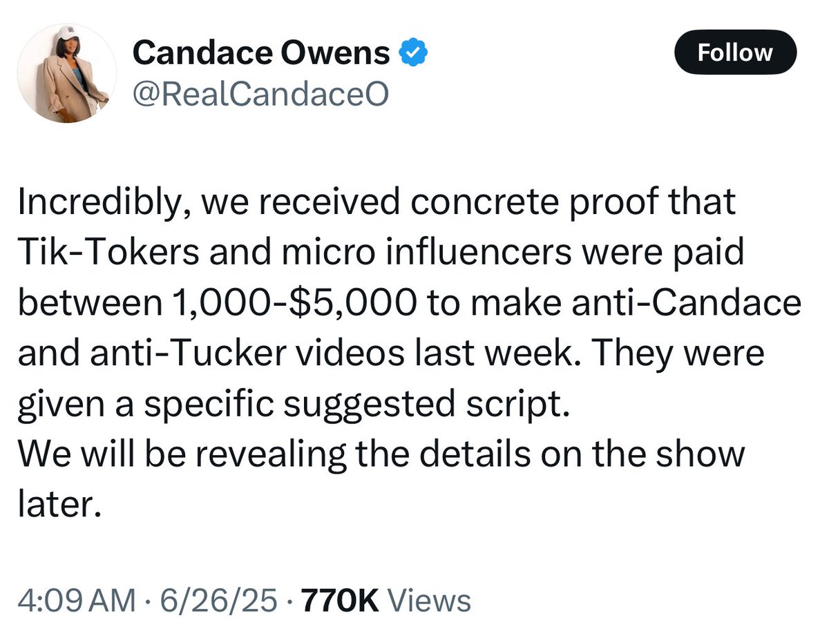 Equality7d2521's tweet image. Predictably, Candace has no proof, but needs to change the narrative about last week. Candace and Tucker humiliated themselves with their Iran hyperbole. Eager to turn the page she's rewriting the episode as a new chapter in her victimhood.