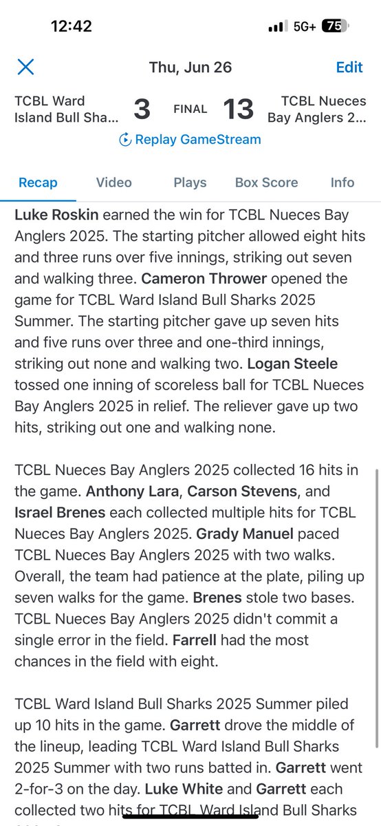 Nueces Bay Anglers defeat the Ward Island Bullsharks with a score of 13-3.