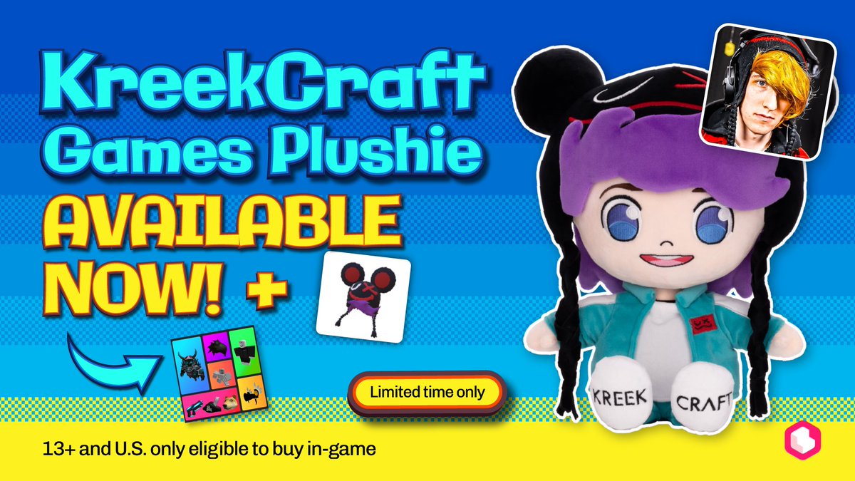 🚀The biggest collab on Roblox just dropped.

In partnership with <a href="/KreekCraft/">KreekCraft</a> and <a href="/MuneebParwazMP/">Muneeb</a>, you can now buy the Kreek Games Plush directly inside Catalog Avatar Creator on Roblox.

Each purchase includes an exclusive UGC item!

Get yours now👇
roblox.com/games/70419395…