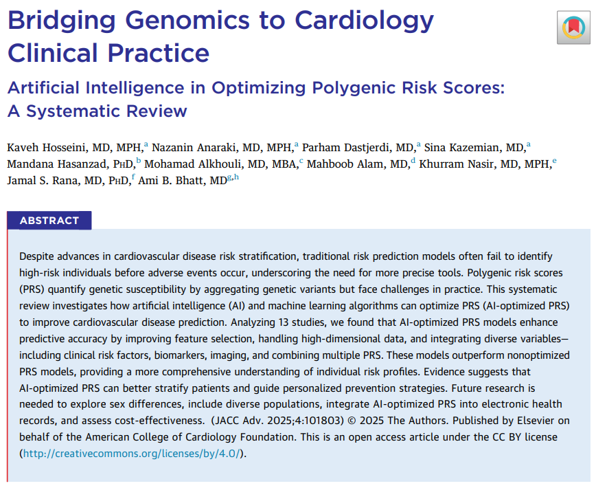 Jamal Rana, MD (@jamalranamd) on Twitter photo Our paper out in <a href="/JACCJournals/">JACC Journals</a> Advances. Led by Dr. Hosseini
⚡️AI-optimized #polygenicrisk scores show promising potential for improving early detection and personalized prevention of cardiovascular diseases.
<a href="/AmiBhattMD/">Ami Bhatt, MD</a> <a href="/khurramn1/">Khurram Nasir</a> <a href="/BaylorCardio/">Mahboob Alam</a> Our paper out in <a href="/JACCJournals/">JACC Journals</a> Advances. Led by Dr. Hosseini
⚡️AI-optimized #polygenicrisk scores show promising potential for improving early detection and personalized prevention of cardiovascular diseases.
<a href="/AmiBhattMD/">Ami Bhatt, MD</a> <a href="/khurramn1/">Khurram Nasir</a> <a href="/BaylorCardio/">Mahboob Alam</a>