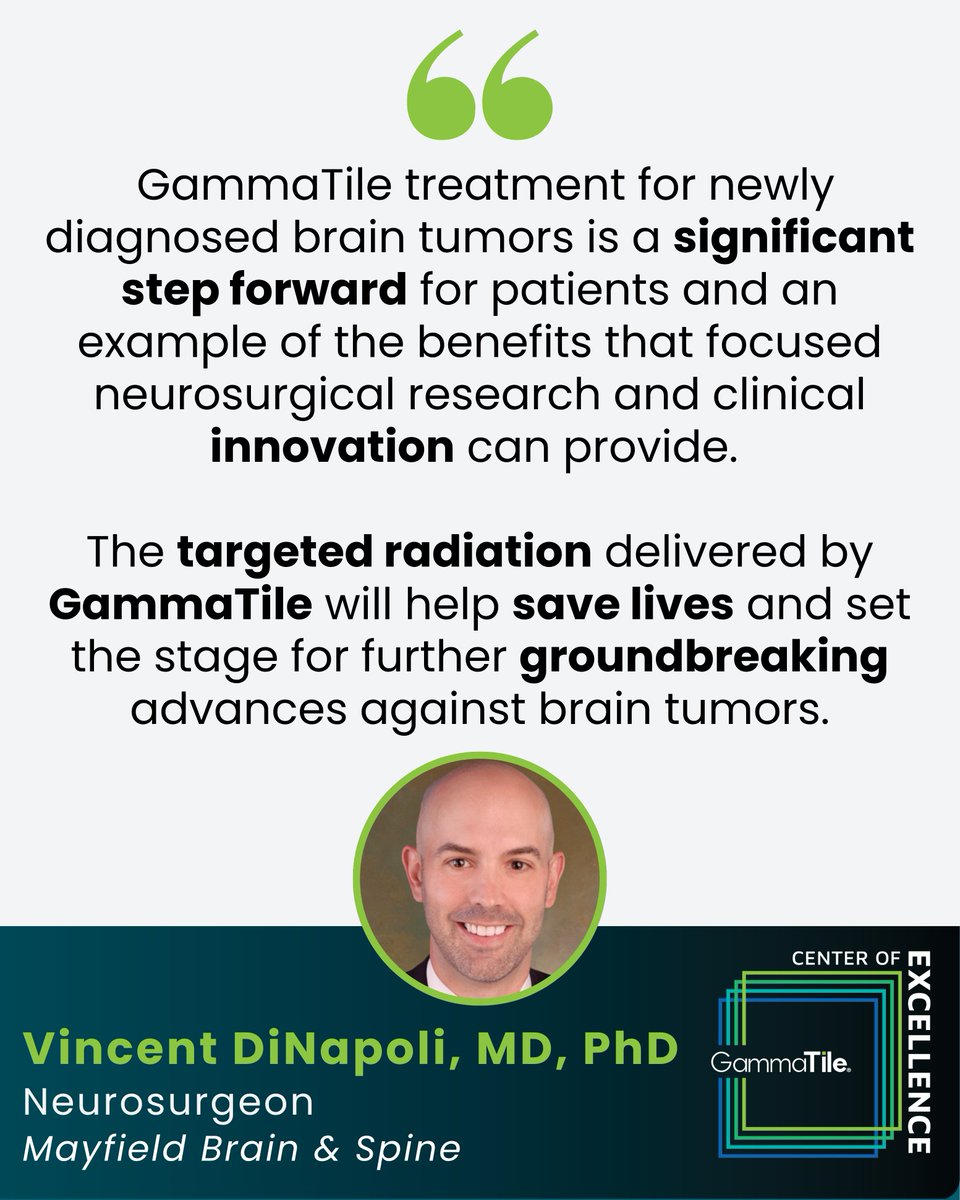 GammaTile by GT Medical Technologies, Inc. (@gammatile) on Twitter photo Hear from neurosurgeon Dr. Vincent DiNapoli of Mayfield Brain & Spine (<a href="/MayfieldClinic/">Mayfield Brain & Spine</a>) on the impact of GammaTile in the treatment of operable brain tumors. Mayfield Brain & Spine was recently recognized as part of the GammaTile Center of Excellence program, which aims to Hear from neurosurgeon Dr. Vincent DiNapoli of Mayfield Brain & Spine (<a href="/MayfieldClinic/">Mayfield Brain & Spine</a>) on the impact of GammaTile in the treatment of operable brain tumors. Mayfield Brain & Spine was recently recognized as part of the GammaTile Center of Excellence program, which aims to