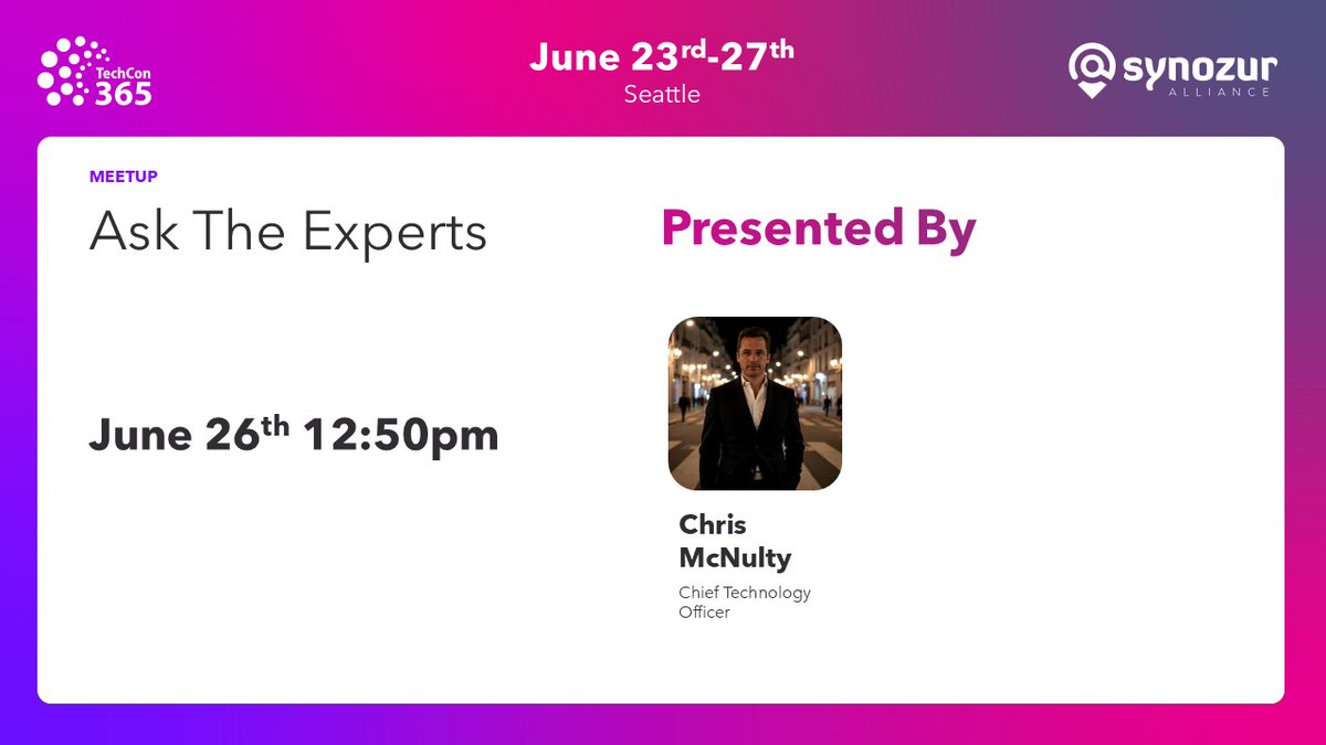 In one hour! 🎯 Lunchtime learning for sharp minds! Chris McNulty hosts "Ask the Experts" June 26 at 12:50PM. Fuel your curiosity. #TechCon365 #Synozur aka.synozur.com/tc365sea