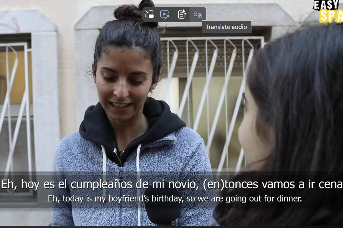 This is wild. Live audio translation is built into Edge. Working really well on YouTube videos in Spanish.