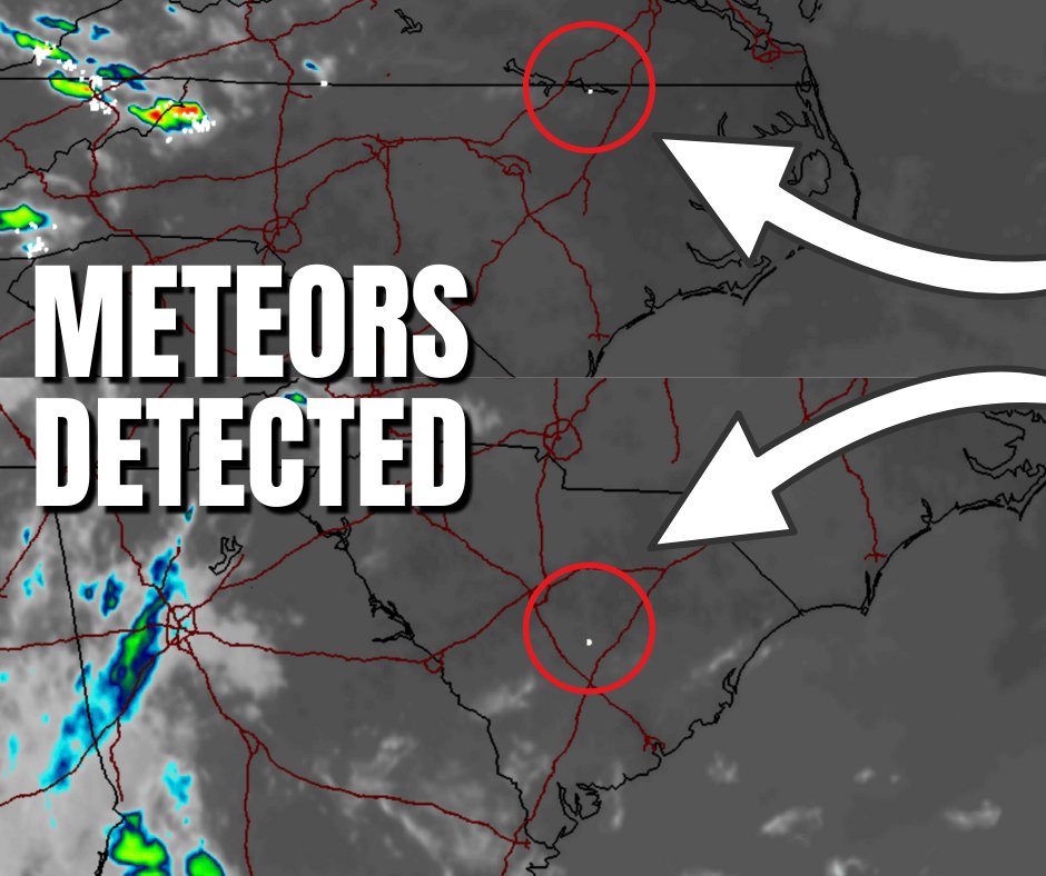 Satellites detected what it thought was a lightning bolt over clear sky SE of Columbia. It also detected a flash over the NC/VA line near I-85.

This was likely the meteor that was seen over the Carolinas, Georgia, and Tennessee! These detection's came about 20-30 minutes apart.