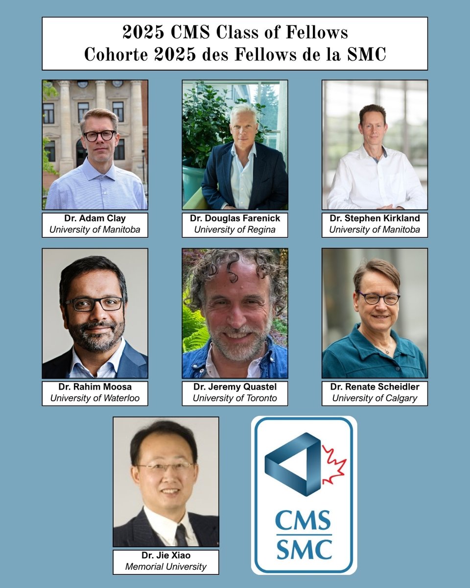 The CMS is pleased to announce its 2025 Class of Fellows. Congratulations to all!

La SMC est heureuse d'annoncer la cohorte 2025 de ses Fellows. Félicitations à tous!

cms.math.ca/news-item/cana…