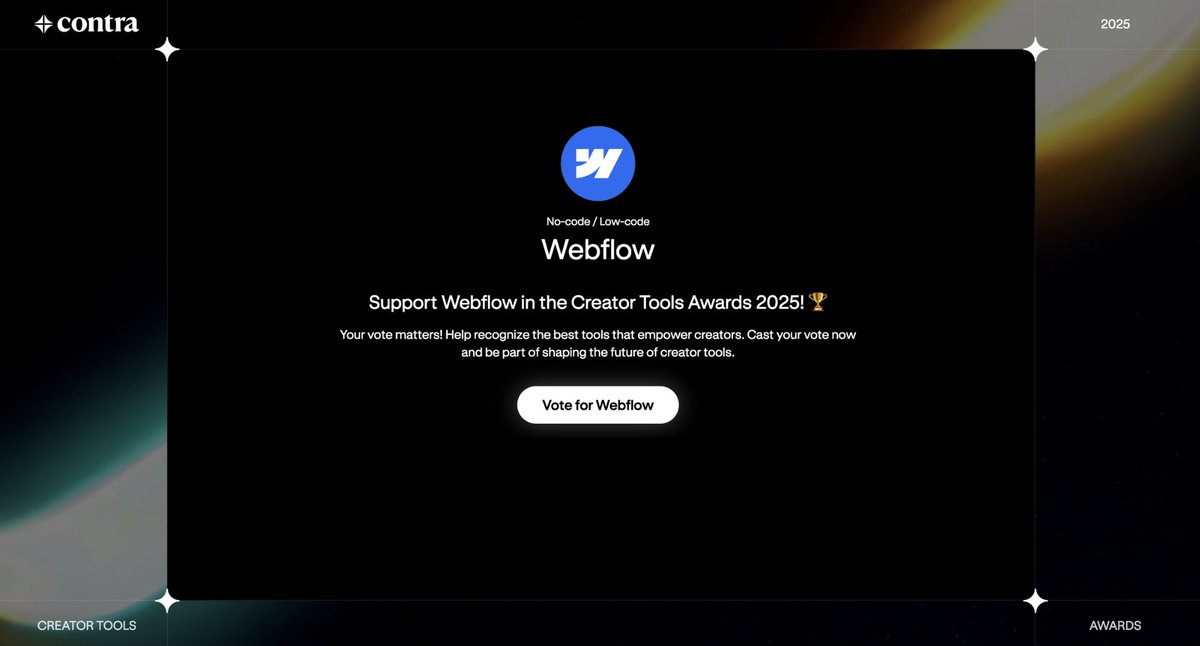Tomorrow is the last day to vote for Webflow in <a href="/contra/">Contra</a>'s Creator Tools Awards 🎉

Submit your vote here:  wfl.io/4kZ8wft