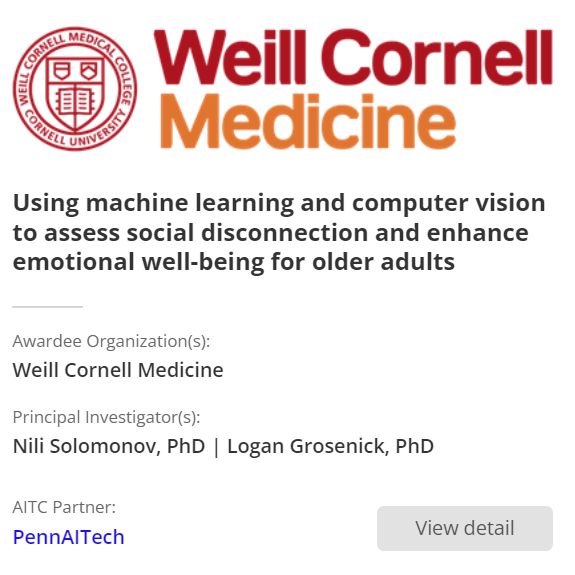 a2 Collective #awardee @weillcornell is piloting an AI approach to assess social disconnection in older adults using machine learning and affective computing. Led by Nili Solomonov and Logan Grosenick with <a href="/pennaitech/">PennAITech</a>. #cohort4 #AI #healthyaging a2collective.ai/awardees/weill…