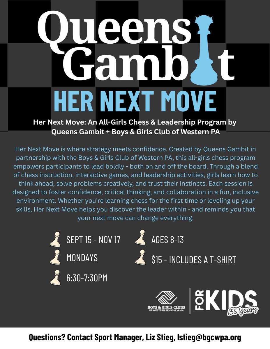 BGCWPA Sports (@bgcwpa_sports) on Twitter photo Thrilled to announce a new addition to our fall sports lineup! We're partnering with <a href="/queensgambitpgh/">Queens Gambit</a> to empower girls through chessโbuilding confidence, leadership, and problem-solving skills one move at a time. โ๏ธ Thrilled to announce a new addition to our fall sports lineup! We're partnering with <a href="/queensgambitpgh/">Queens Gambit</a> to empower girls through chessโbuilding confidence, leadership, and problem-solving skills one move at a time. โ๏ธ