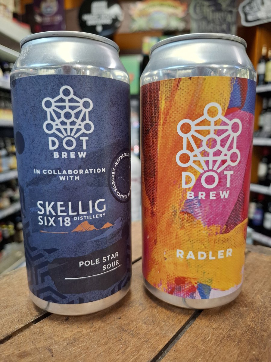 The latest two beers in from <a href="/DOT_Brew/">DOT brew</a> : "Pole Star Sour" collaboration with <a href="/SkelligSix18/">Skellig Six18 Distillery & Visitor Experience</a>, and "Radler". #craftbeer #IrishCraftBeer #cans #SourAle #LimitedEdition #DrinkIrish #DrinkLocal #Dublin8
