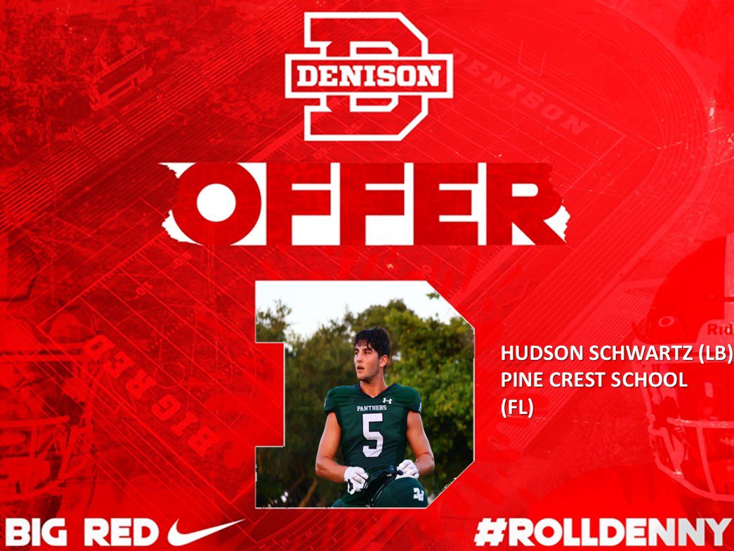 Hudson Schwartz (@hudsonschwartz1) on Twitter photo After a great conversation with <a href="/coachhatem/">Jack Hatem</a>, I am excited to announce that I have recieved my 1st offer from Denison University!! Go Big Red! #RollDenny <a href="/DUFootball/">Denison Football</a> After a great conversation with <a href="/coachhatem/">Jack Hatem</a>, I am excited to announce that I have recieved my 1st offer from Denison University!! Go Big Red! #RollDenny <a href="/DUFootball/">Denison Football</a>